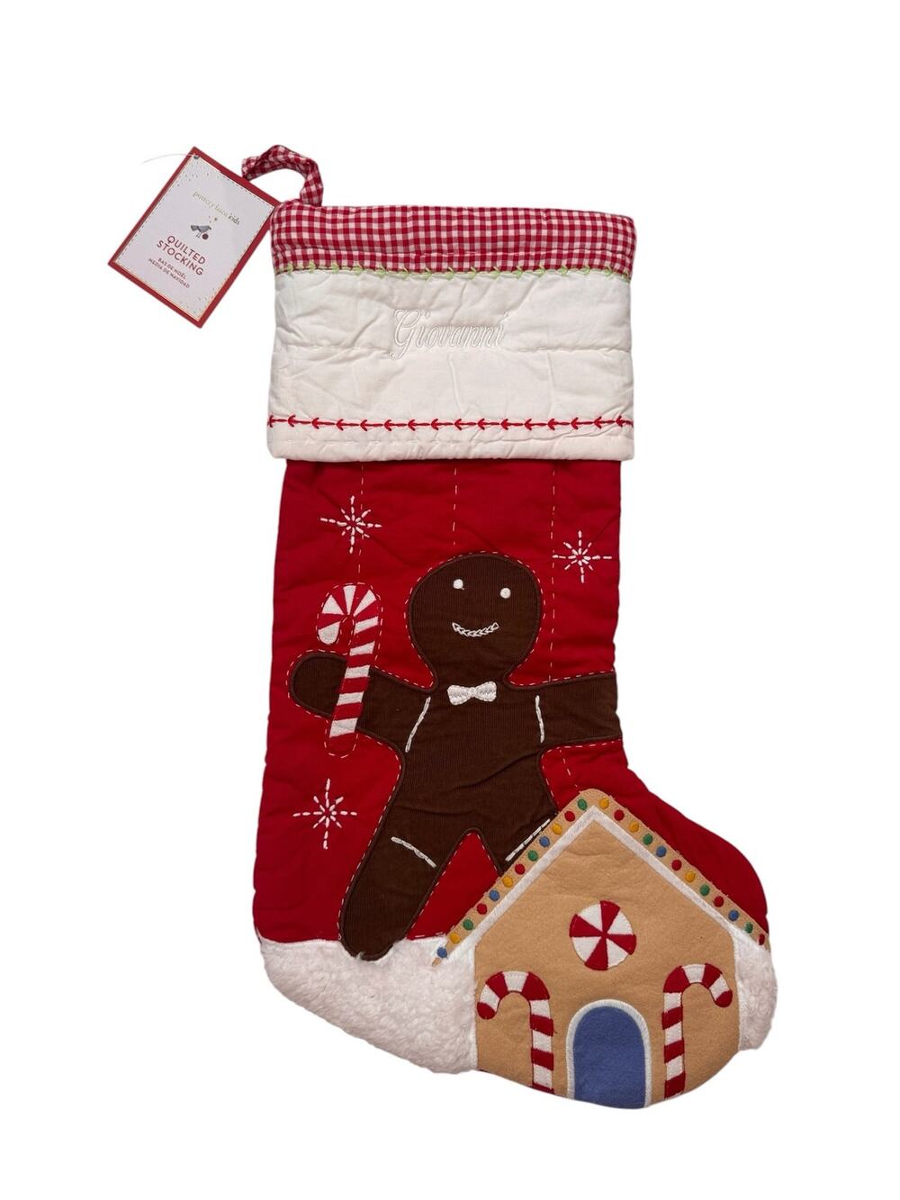 POTTERY BARN *NEW* Gingerbread Man Giovanni Christmas Stocking Embroidered